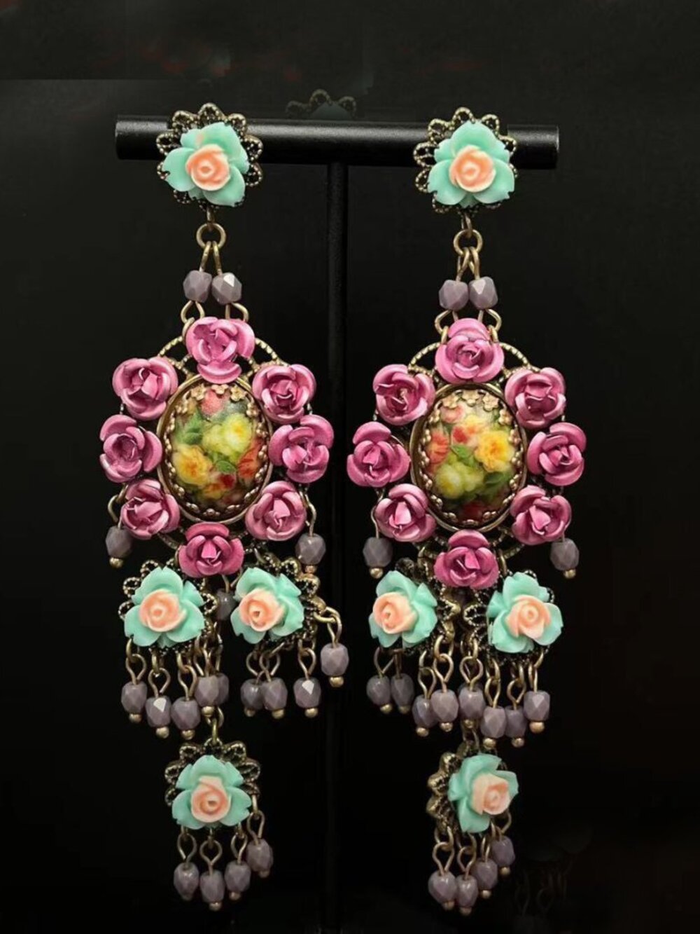 Vintage Style Floral Cabochon Chandelier Earrings Acrylic Rose Beaded Bronze Ton